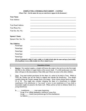 Simple Will Information Sheet for Couples