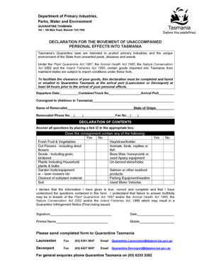 Declaration for Movement of Unaccompanied Personal Effects into Tasmania