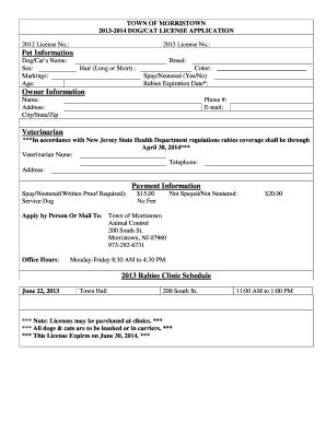 Town of Morristown Dog/Cat License Application