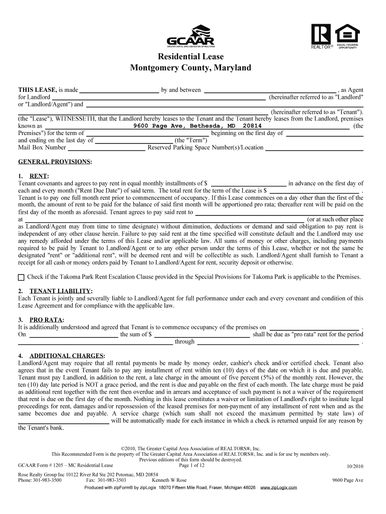 Fillable Online Residential Lease Montgomery County, Maryland Rose
