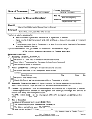 Tennessee Divorce Complaint Form
