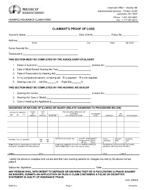 Hearing insurance claim form claimant's proof of loss - Medico