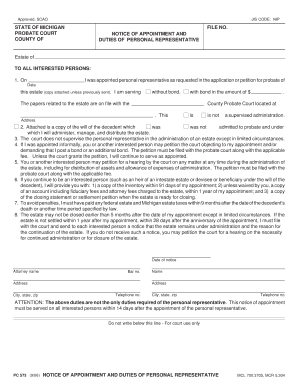 Michigan Probate Court Notice of Appointment and Duties of Personal Representative
