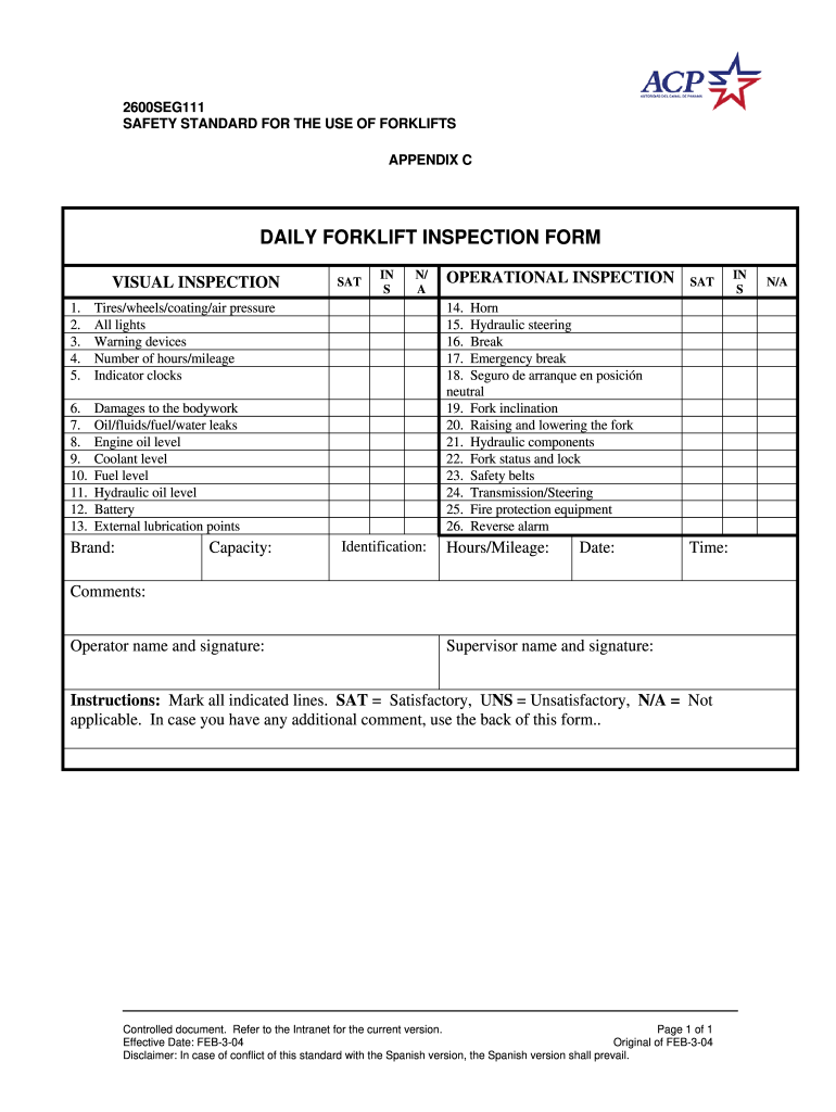 Forklift Pre Use Inspection Checklist Template