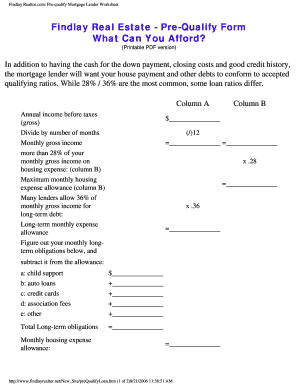 Findlay Pre-Qualify Mortgage Lender Worksheet