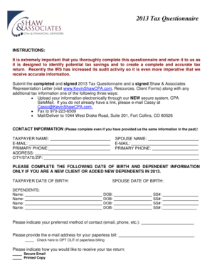 2013 Tax Questionnaire