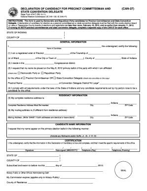 Indiana Precinct Committeeman and State Convention Delegate Declaration