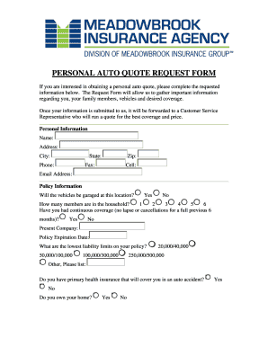 Personal Auto Quote Request Form