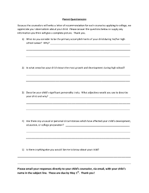 Parent Questionnaire for College Recommendation