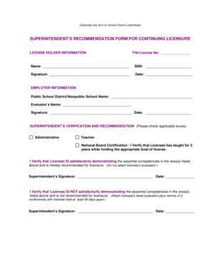 Superintendent's Recommendation Form for Continuing Licensure