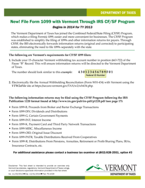 Vermont Form 1099 Filing Instructions