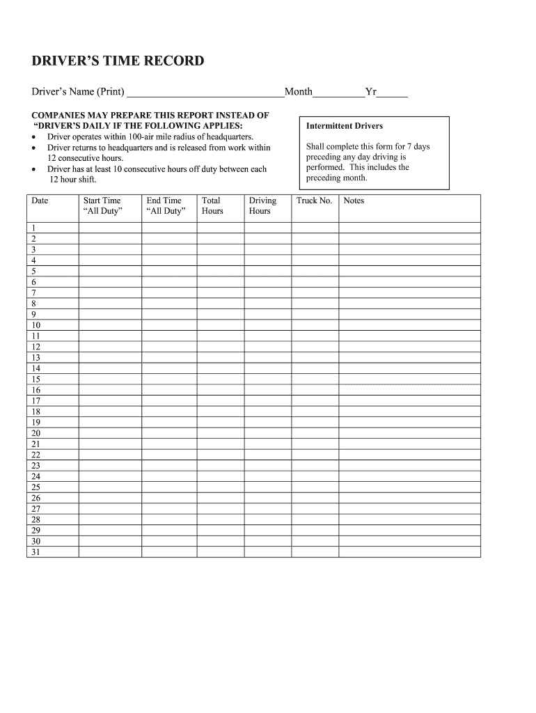 Printable Truck Driver Timesheet Template Pagur