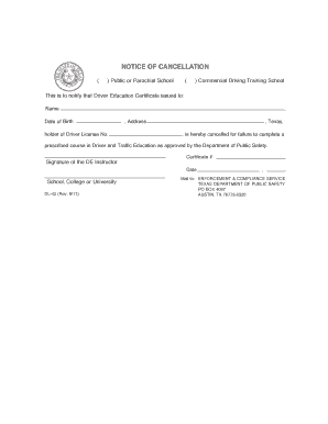 Texas Driver Education Certificate Cancellation Notice
