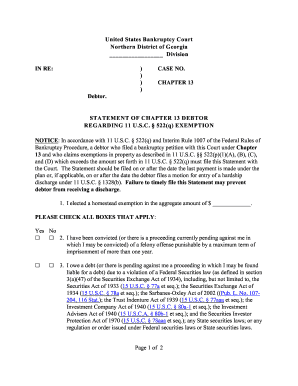 Chapter 13 Debtor Statement of Exemptions
