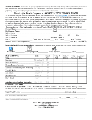 Theatre for Youth Reservation Order Form