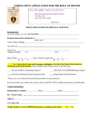 National Purple Heart Hall of Honor Enrollment Form. National Purple Heart Hall of Honor, Roll of Honor Enrollment Form