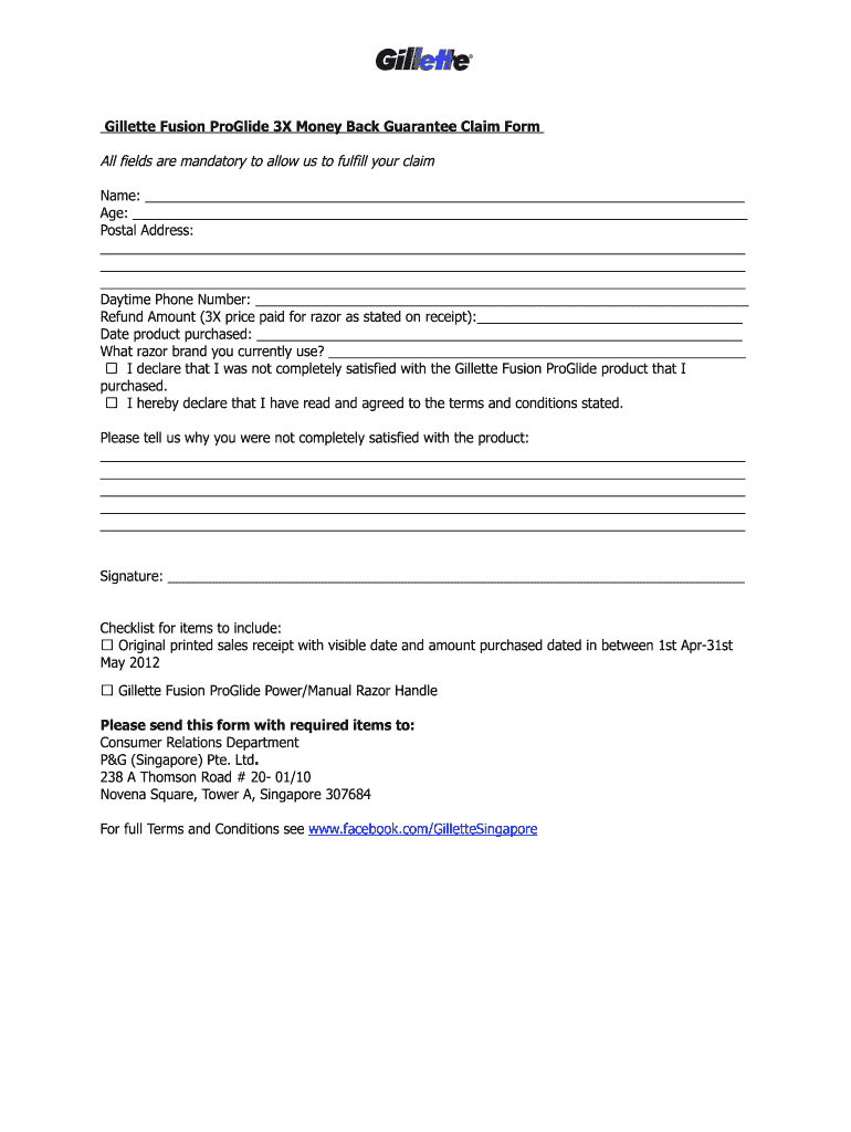 Gillette Fusion Proglide 3x Money Back Guarantee Claim Form All Fill And Sign Printable Template Online Us Legal Forms