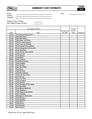 DHCD Form 212 Summary Cost Estimate