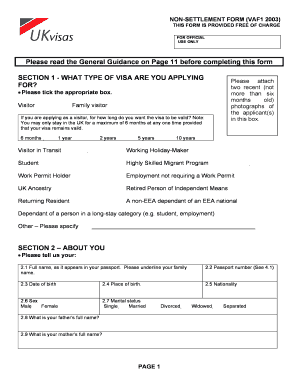 UK Non-Settlement Visa Application Form VAF1 2003