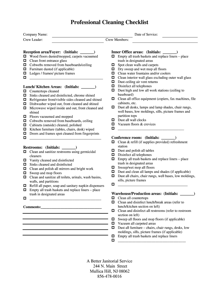 Janitorial Checklist Fill And Sign Printable Template Online Us Legal Forms