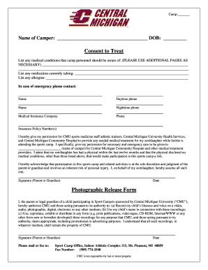 CMU Sports Camp Medical Consent and Photo Release Form