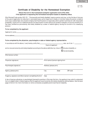 Ohio Disability Certificate for Homestead Exemption