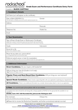Rockschool Grade Exam and Performance Certificate Entry Form