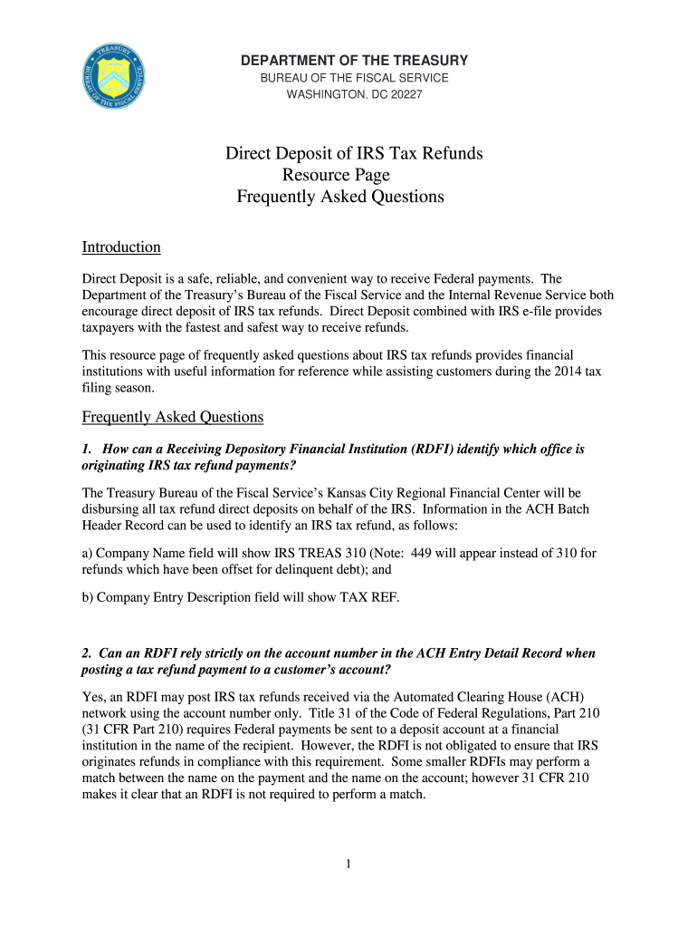 Direct Deposit Of IRS Tax Refunds Bureau Of The Fiscal Service Fms 