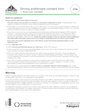 UK Driving Entitlement Consent Form D796