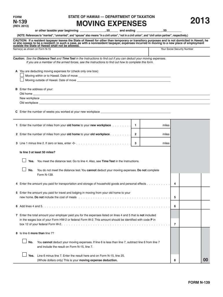 Form N-139, Rev 2013, Moving Expenses - Hawaii.gov Preview on Page 1