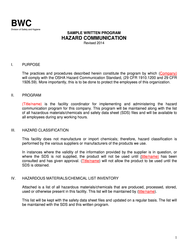 Fillable Online Sample Written Program Hazard Communication Fax Email 
