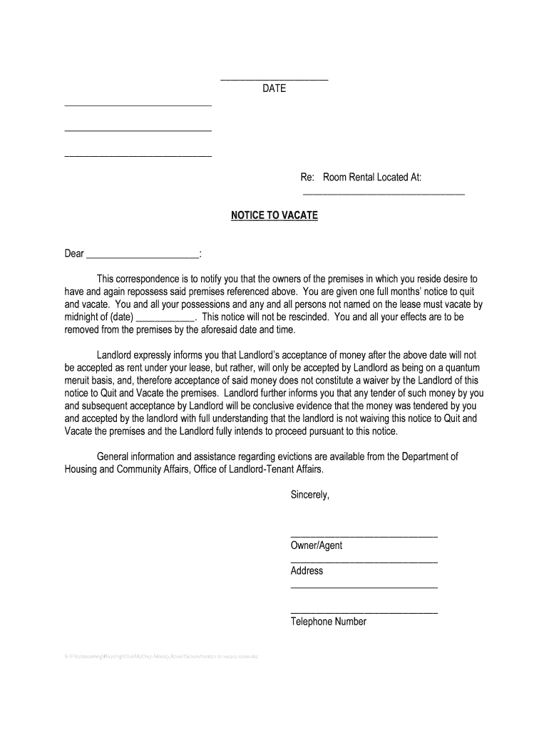 Fillable Online montgomerycountymd Notice to Vacate Room Rental