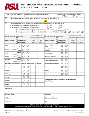 Health Care Provider Release to Return to Work Certificate