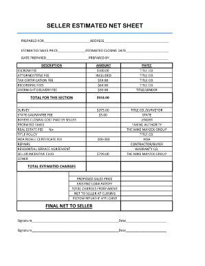 Seller Estimated Net Sheet