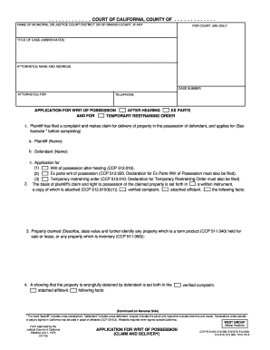 California Application for Writ of Possession