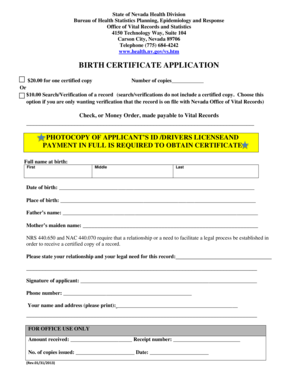 Nevada Birth Certificate Application