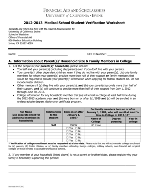 2012-2013 Medical School Student Verification Worksheet