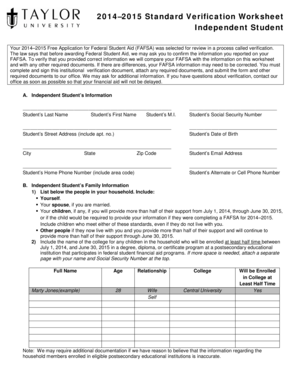 2014–2015 FAFSA Verification Worksheet