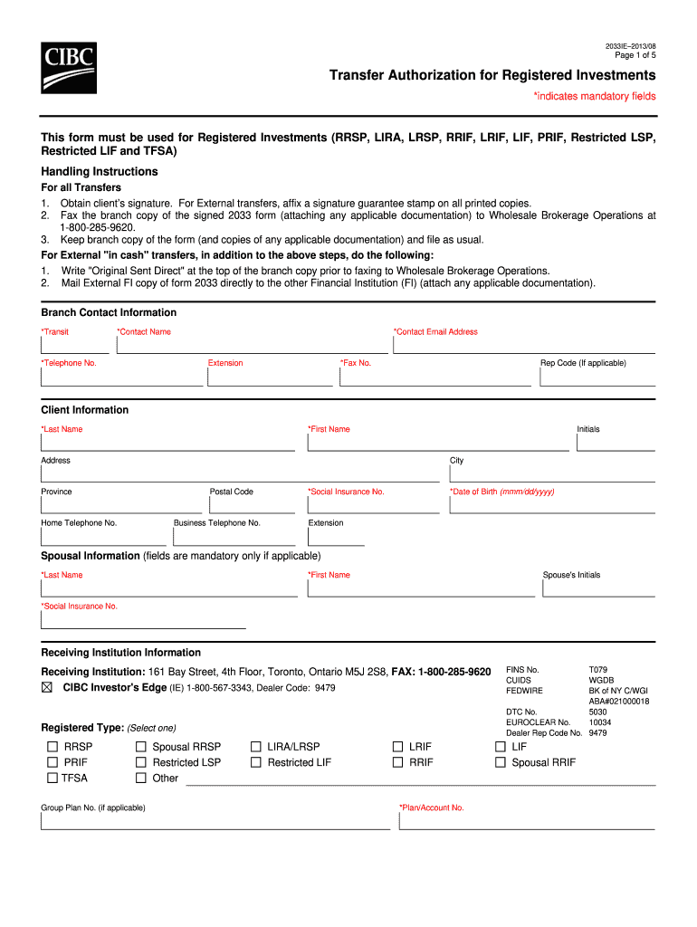 2013 Form Canada CIBC 2033IE Fill Online, Printable, Fillable, Blank