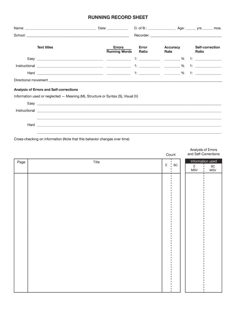 Running Record Template Fill Online, Printable, Fillable, Blank