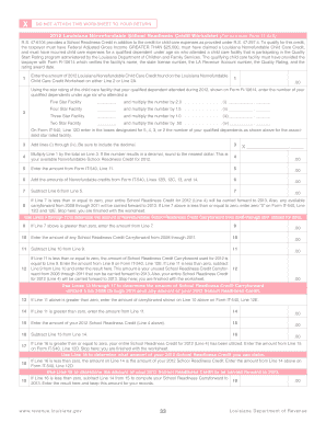 2012 Louisiana Nonrefundable School Readiness Credit Worksheet