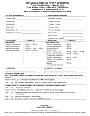 Prior Authorization of Benefits Form for Proton Pump Inhibitors