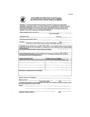 Iowa Child and Adult Care Food Program Allergy Exception Statement