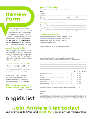 Angie's List Service Evaluation Form