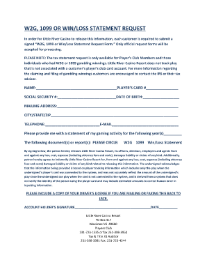 W2G 1099 Win/Loss Statement Request Form