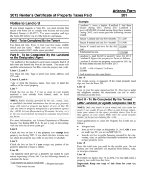 Arizona Form 201 Renter's Certificate of Property Taxes Paid
