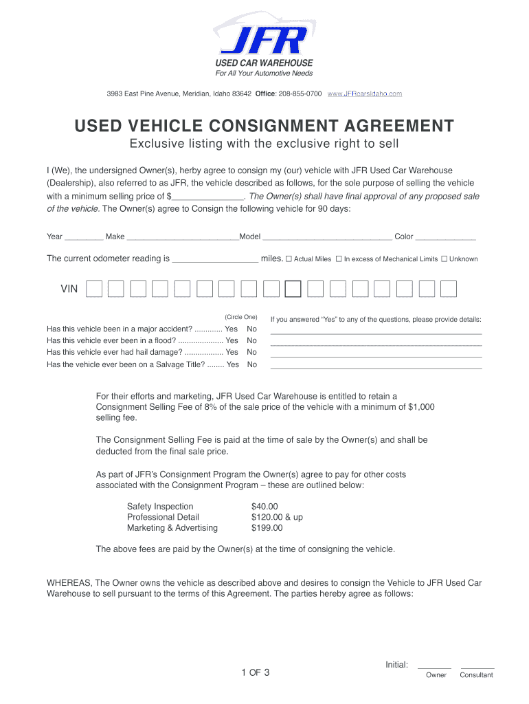 Vehicle Consignment Agreement - Fill Online, Printable, Fillable With Regard To simple consignment agreement template