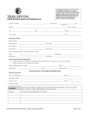 Trail Life USA Youth Weekend Health and Medical Form