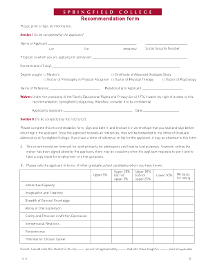 Springfield College Recommendation Form