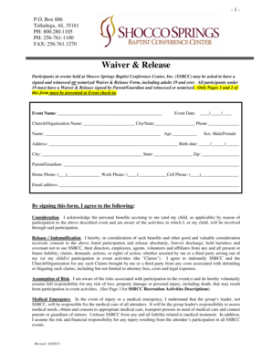 Waiver and Release Form for Shocco Springs Baptist Conference Center